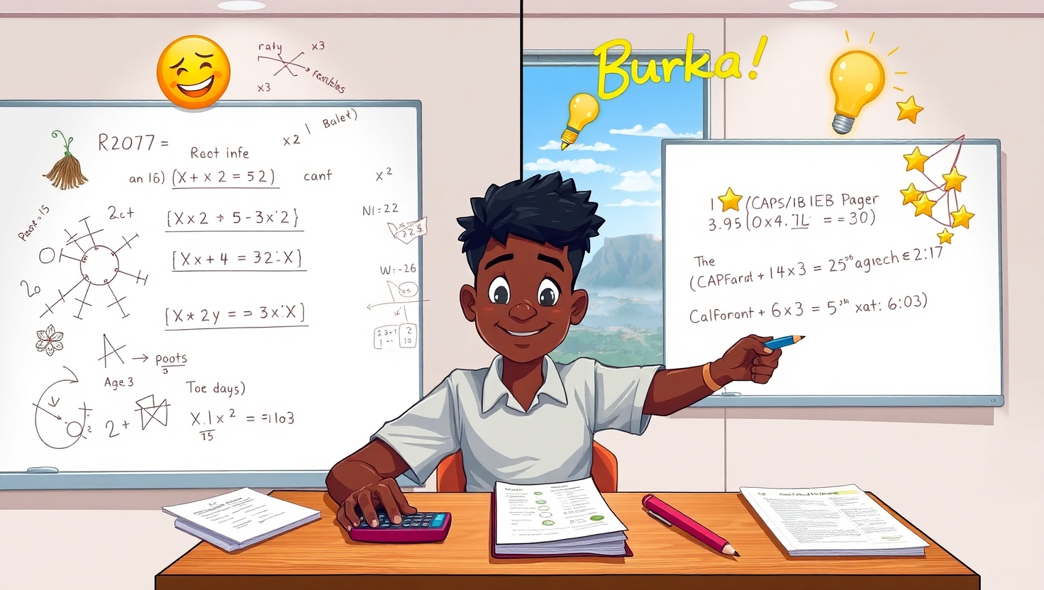 An illustrated student solving quadratic equations at a desk